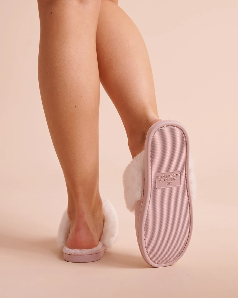 Floral Embroidered Faux Suede and Fur Slippers