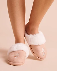 Floral Embroidered Faux Suede and Fur Slippers