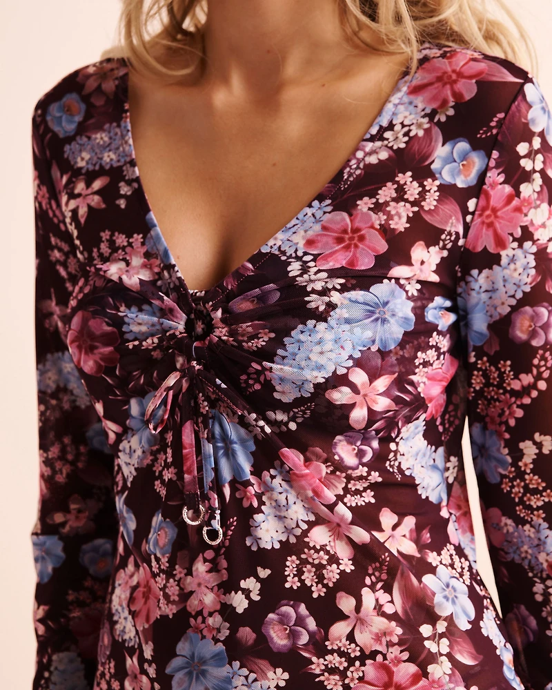 Robe courte en résille imprimé tropical