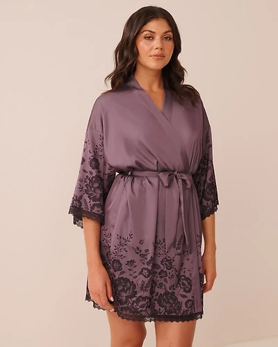 Floral Print Lace Trim Satin Kimono