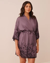 Floral Print Lace Trim Satin Kimono