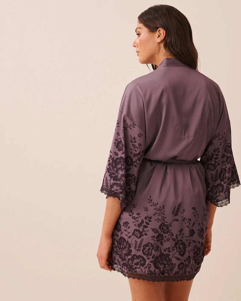 Floral Print Lace Trim Satin Kimono