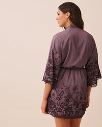 Floral Print Lace Trim Satin Kimono