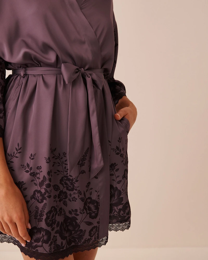 Floral Print Lace Trim Satin Kimono