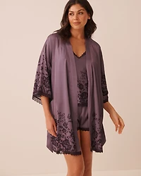 Floral Print Lace Trim Satin Kimono