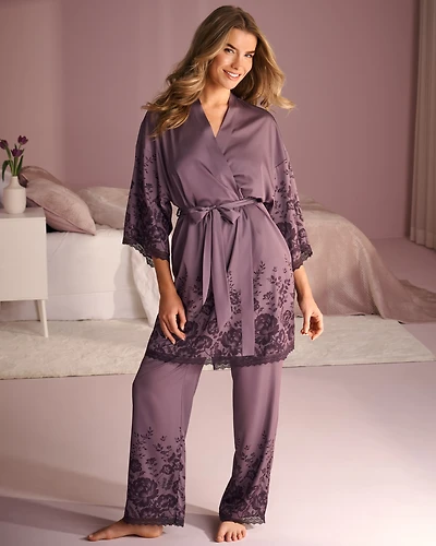 Floral Print Lace Trim Satin Kimono