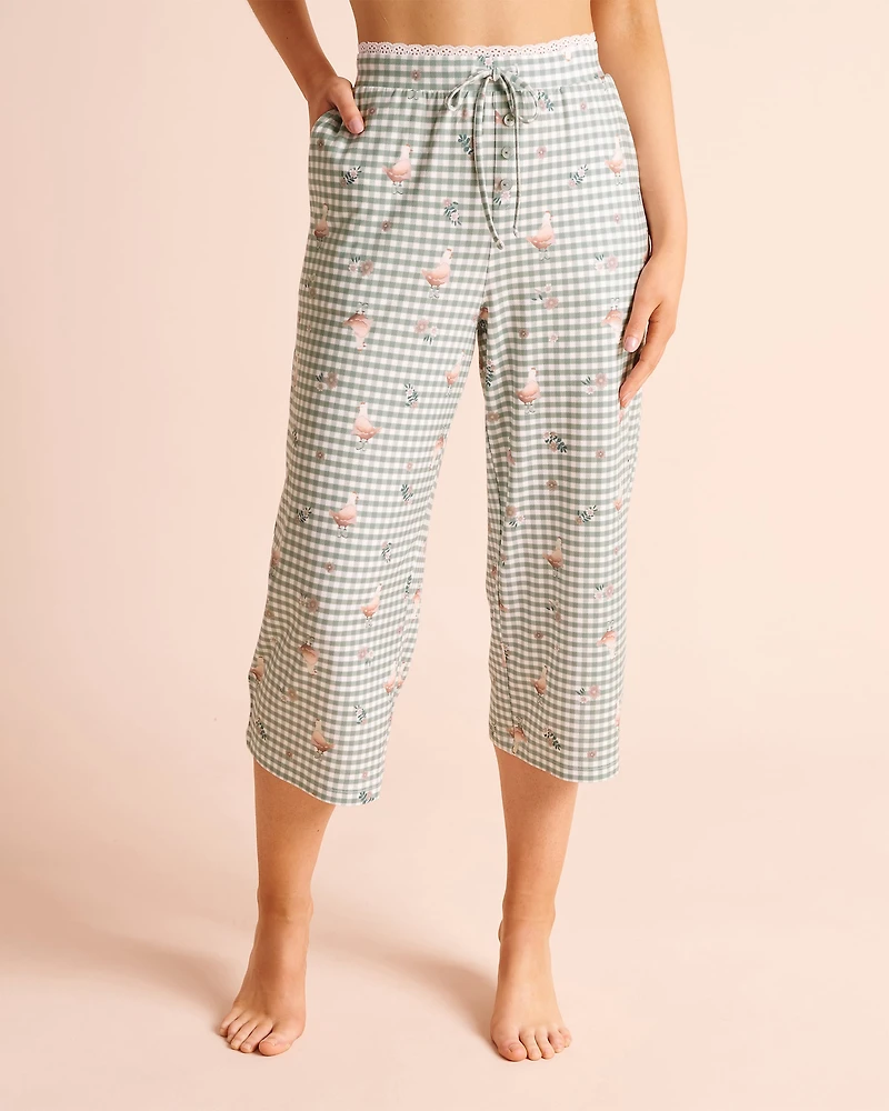 Capri de pyjama ultra doux imprimé Vichy et poules