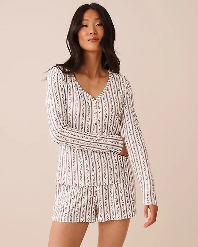 Chandail henley manches longues ultra doux imprimé rayures florales