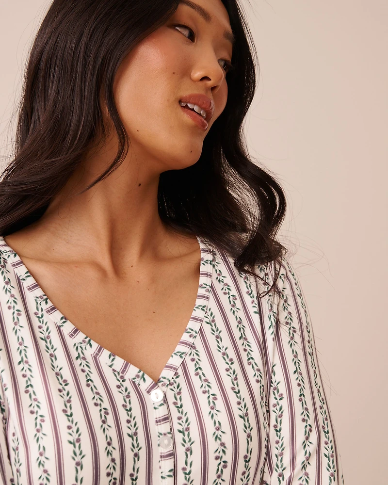 Chandail henley manches longues ultra doux imprimé rayures florales