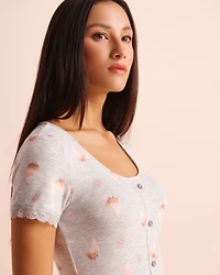 T-shirt manches courtes en tricot doux bordure de dentelle imprimé poules