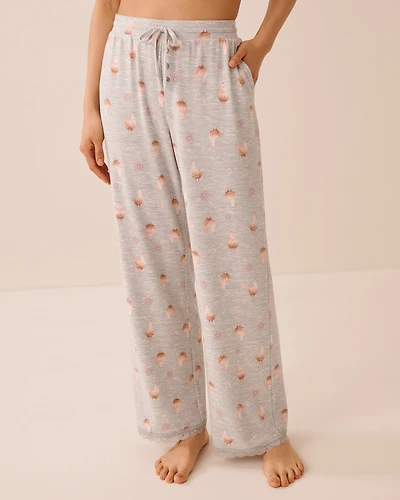 Pantalon de pyjama en tricot doux bordure dentelle imprimé poules