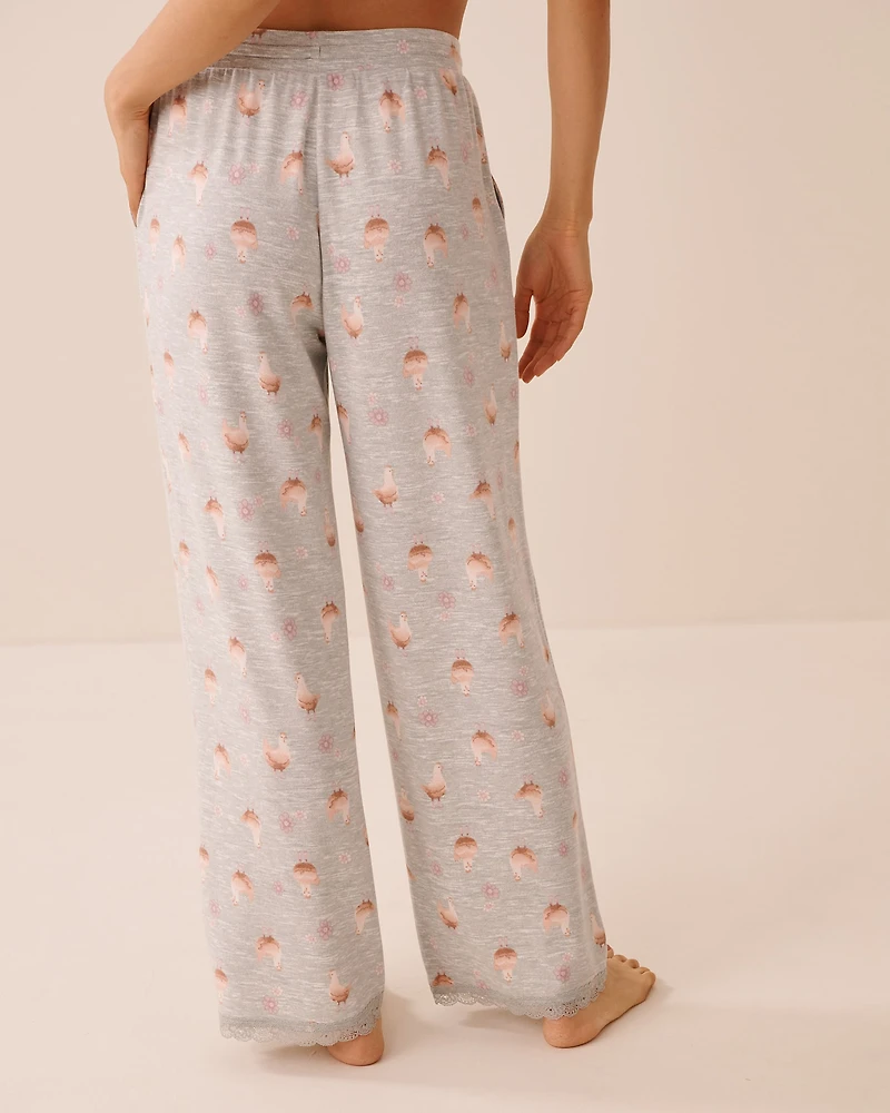 Chicken Print Lace-Trim Soft Knit Pajama Pants