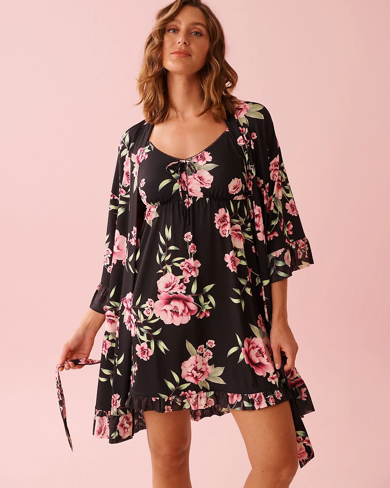 Kimono bordures en résille fibres recyclées imprimé pivoine