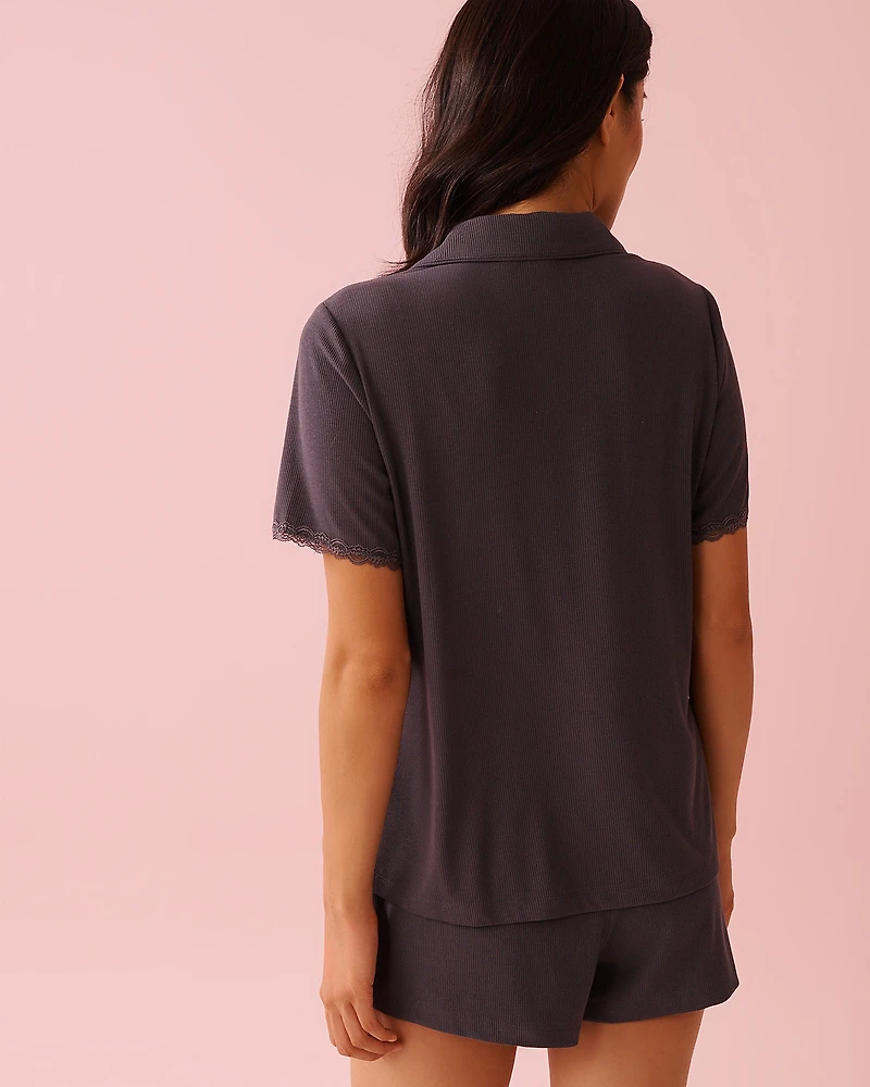 Ribbed Modal and Lace Trim Button-down Shirt