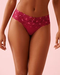 Microfiber and Wide Lace Band Thong Panty