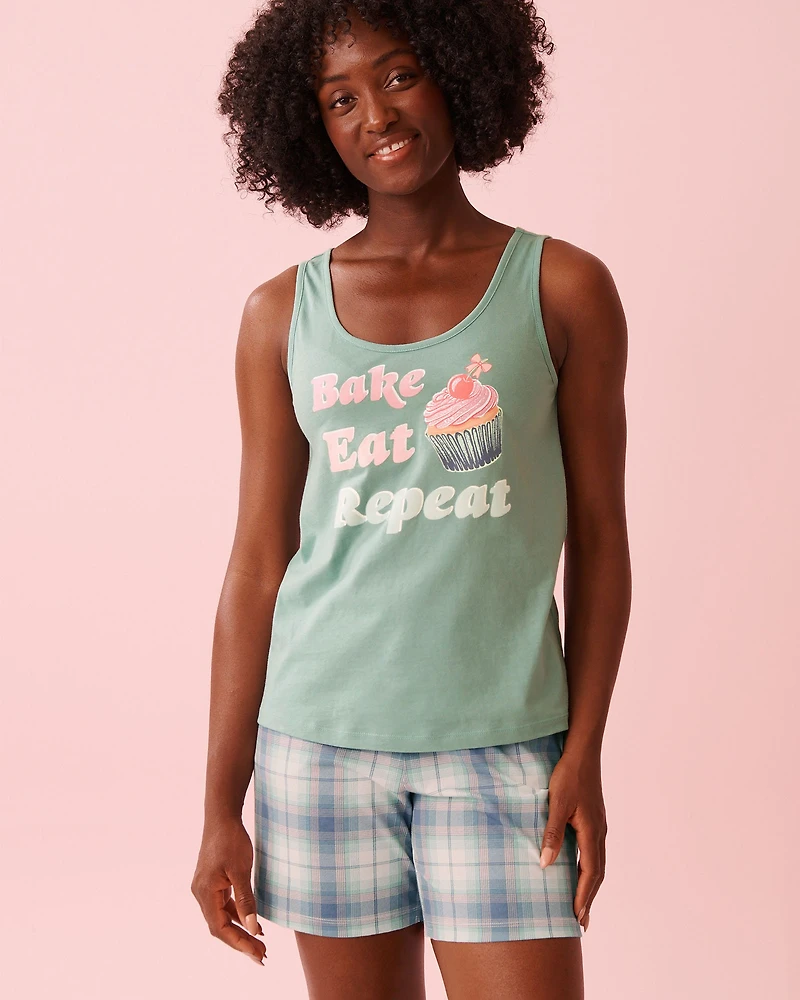 Camisole col dégagé en coton imprimé fleurs et cupcake