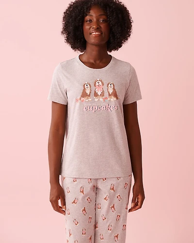 T-shirt col rond en coton imprimé chiens et cupcakes