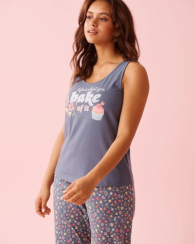 Camisole col dégagé en coton imprimé fleurs et cupcake
