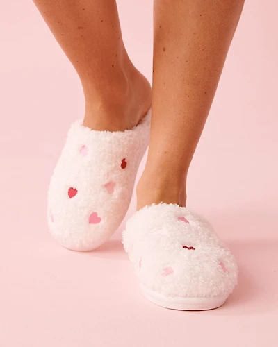 Heart Embroidered Curly Fur Slippers