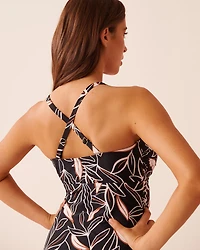 TROPICAL OUTLINE D Cup Tie Front Bandeau Tankini Top