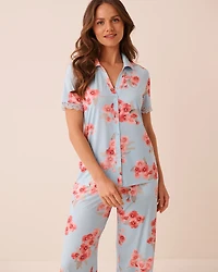 Chemisier bordure en dentelle imprimé fleurs printanières