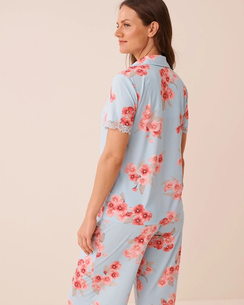 Chemisier bordure en dentelle imprimé fleurs printanières