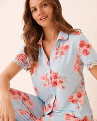 Spring Blossom Print Lace Trim Button-down Shirt
