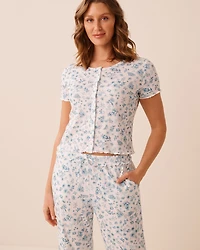 Floral Print Ruffle Hem Pointelle T-shirt