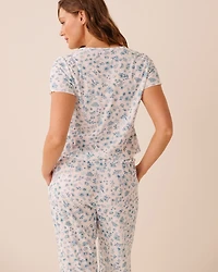 Floral Print Ruffle Hem Pointelle T-shirt