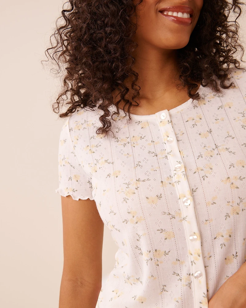 T-shirt en pointelle à volants et imprimé floral