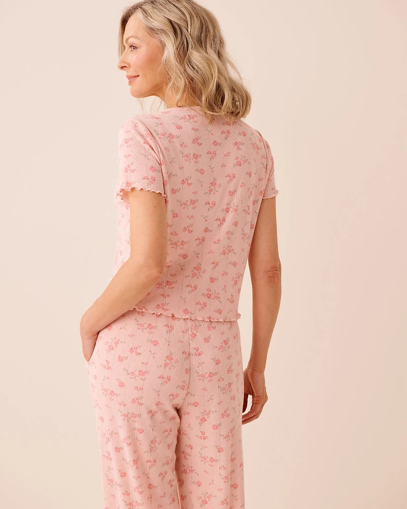 T-shirt en pointelle à volants et imprimé floral