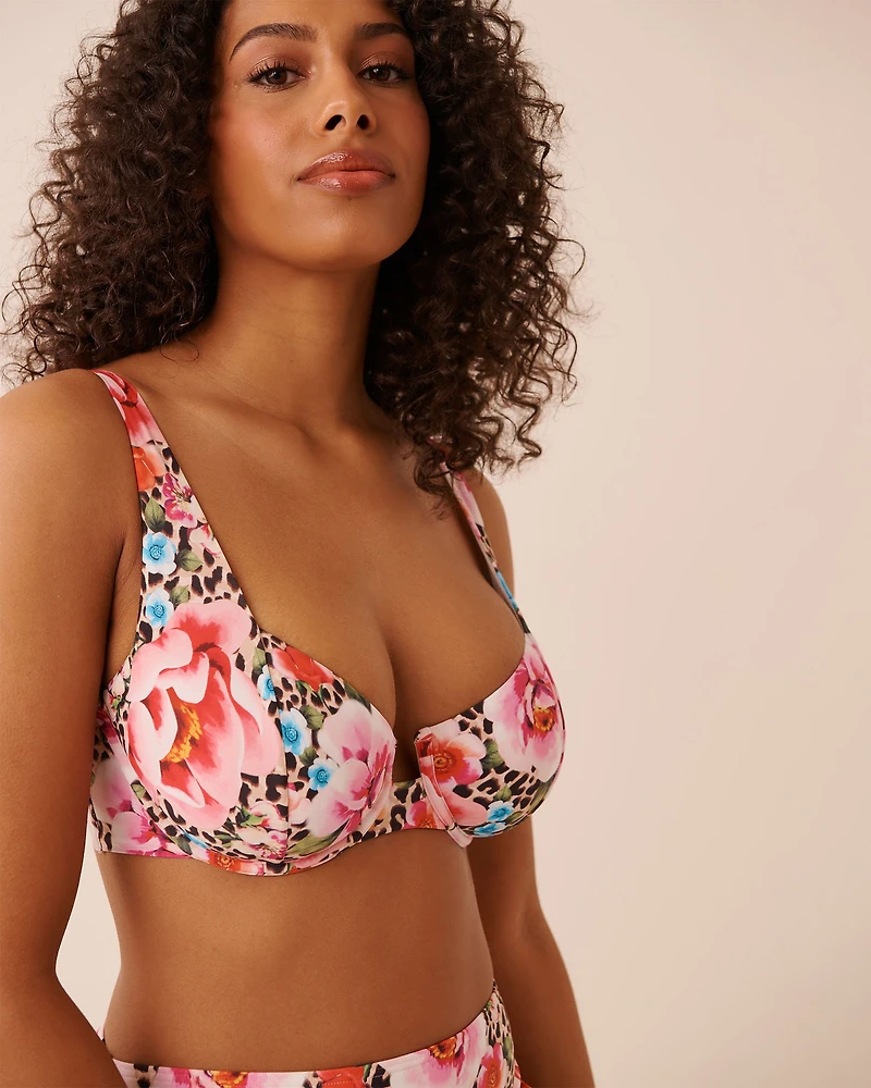Haut de bikini plongeant bonnet D FLORAL LEOPARD
