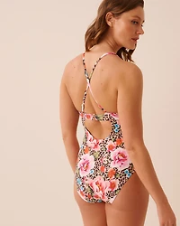 Maillot une-pièce plongeant FLORAL LEOPARD