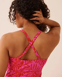 TROPICAL FUCHSIA D Cup Tie Front Bandeau Tankini Top