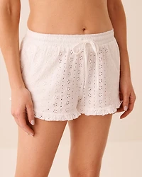 Short de pyjama en coton à broderie anglaise et ourlet volant