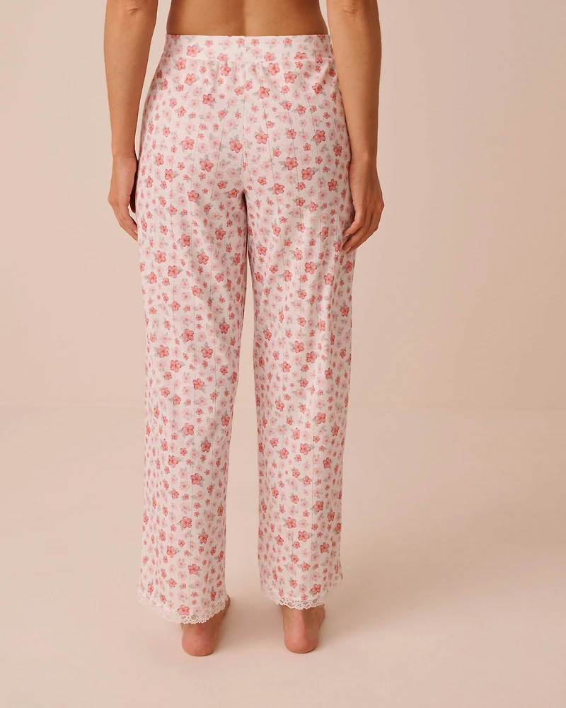 Hibiscus Print Lace Trim Pointelle Pajama Pants