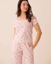 T-shirt en pointelle bordure de dentelle imprimé hibiscus