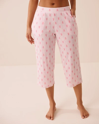 Capri de pyjama en pointelle bordure dentelle imprimé hibiscus