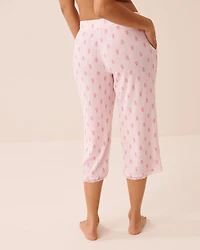 Capri de pyjama en pointelle bordure dentelle imprimé hibiscus