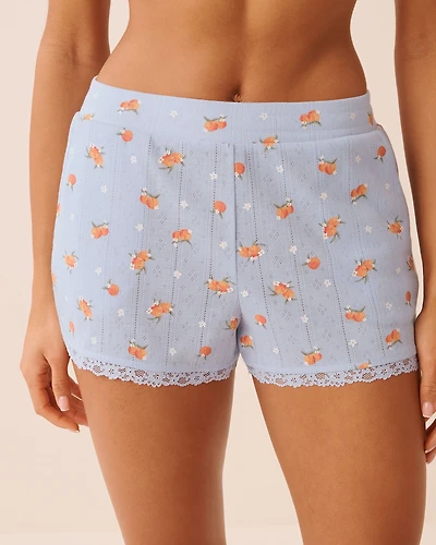 Hibiscus Print Lace Trim Pointelle Pajama Shorts