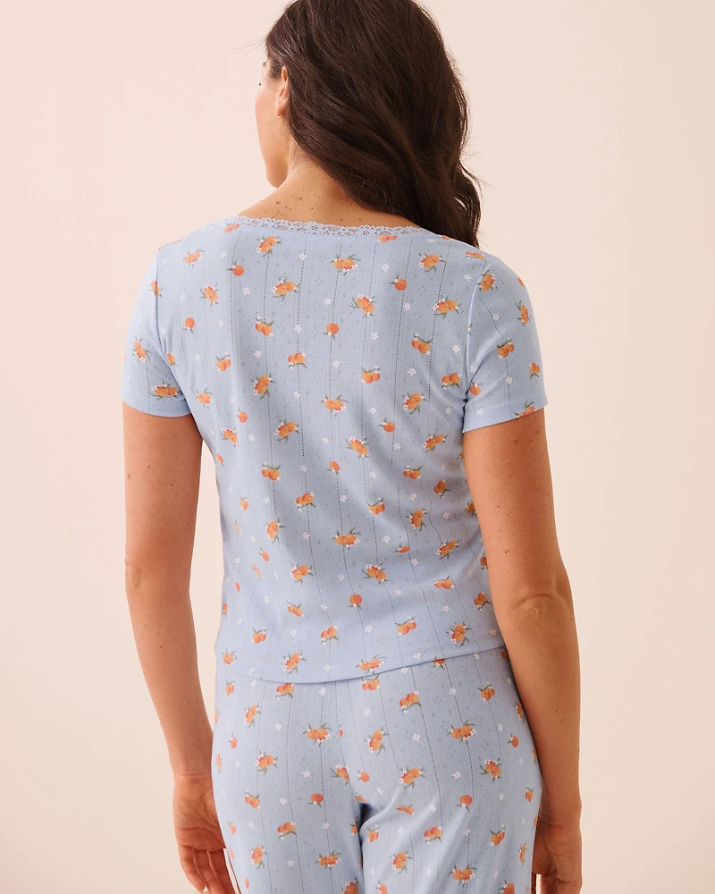 T-shirt en pointelle bordure de dentelle imprimé hibiscus