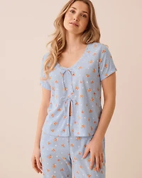 Hibiscus Print Lace Trim Pointelle Tie-Front T-Shirt