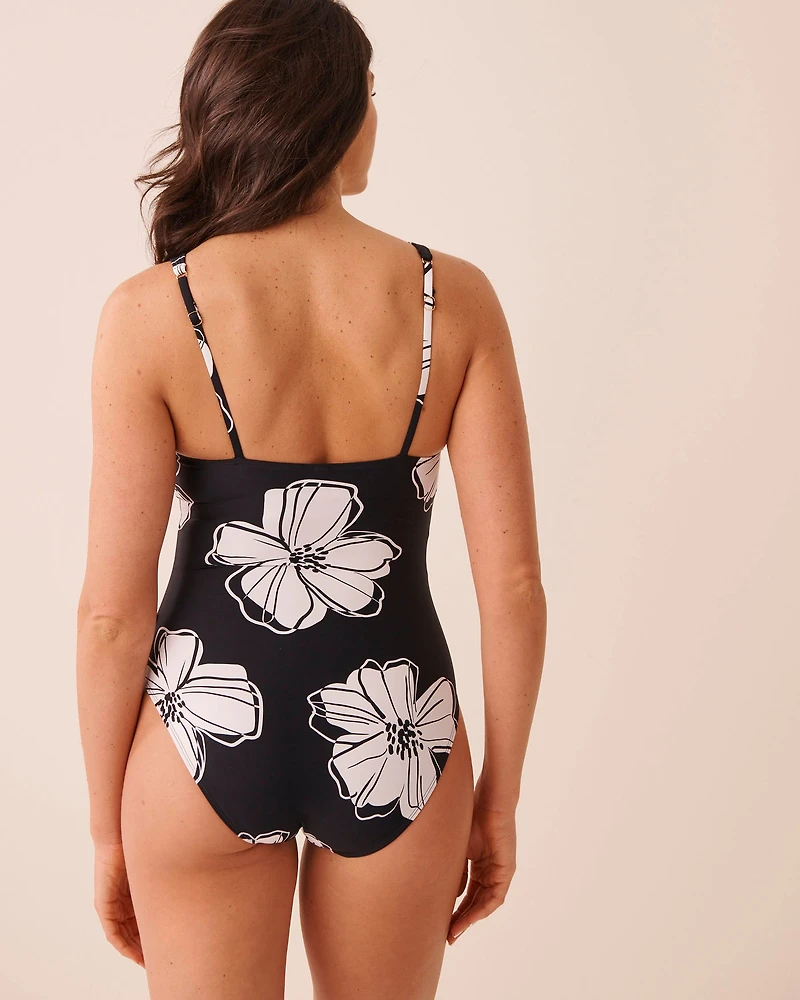 BLACK HIBISCUS Square Neck One-piece Swimsuit