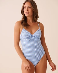 BLUE GINGHAM Ruched Plunge One-piece Swimsuit