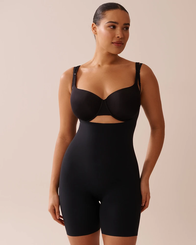 Medium Support Microfiber Mid-Thigh Open Bust Shaper Bodysuit