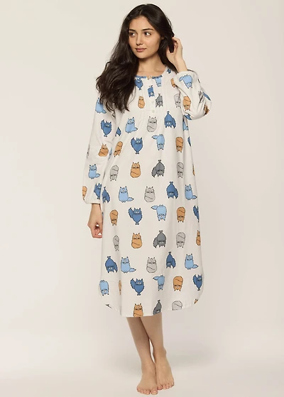 Pompom long nightgown with cats