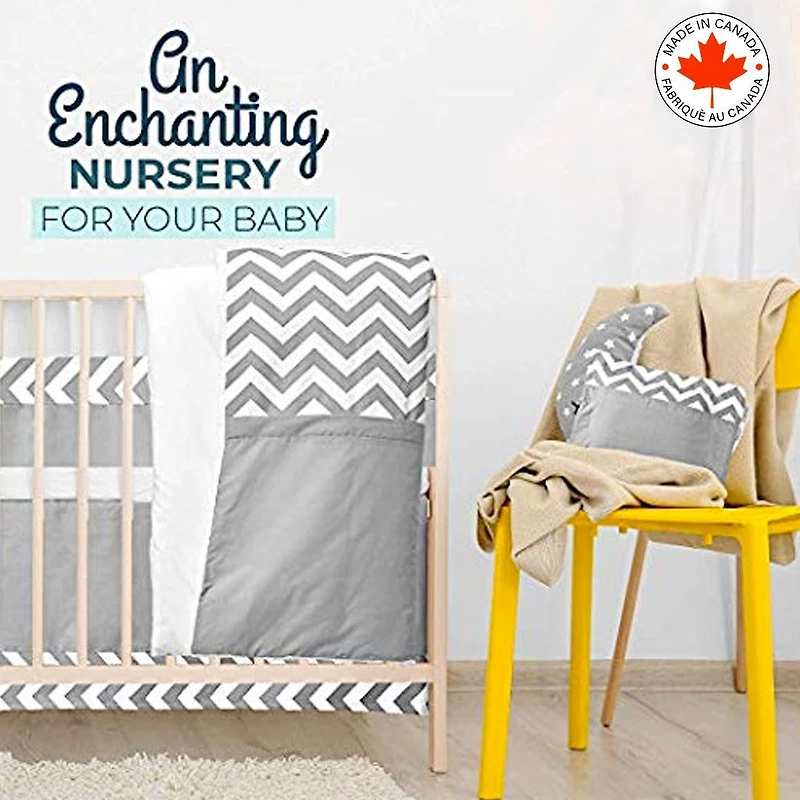 Ensemble de literie pour bébé 7 pièces - Gris et blanc à motif chevrons