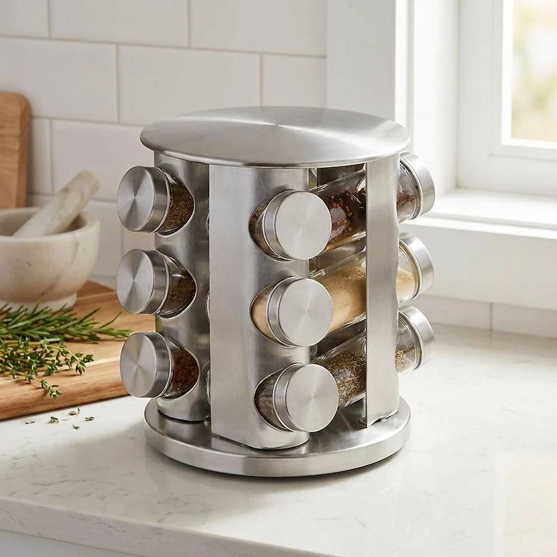 JS Gourmet 12 pots en verre avec support tournant en acier inoxydable