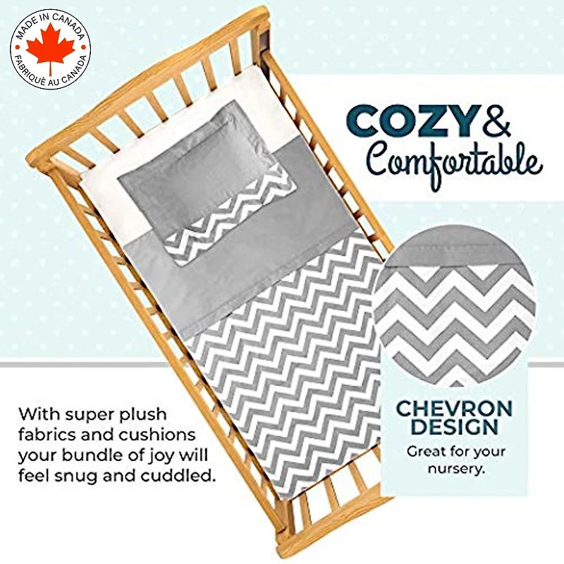 Ensemble de literie pour bébé 7 pièces - Gris et blanc à motif chevrons