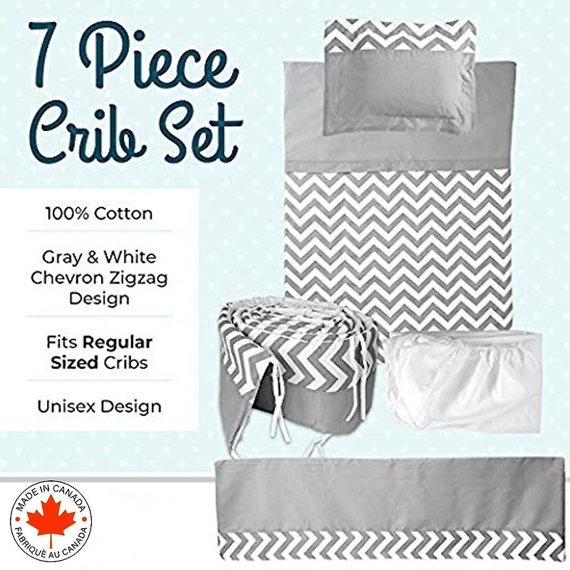 7-Piece Baby Bedding Set in Grey and White with Chevron Pattern